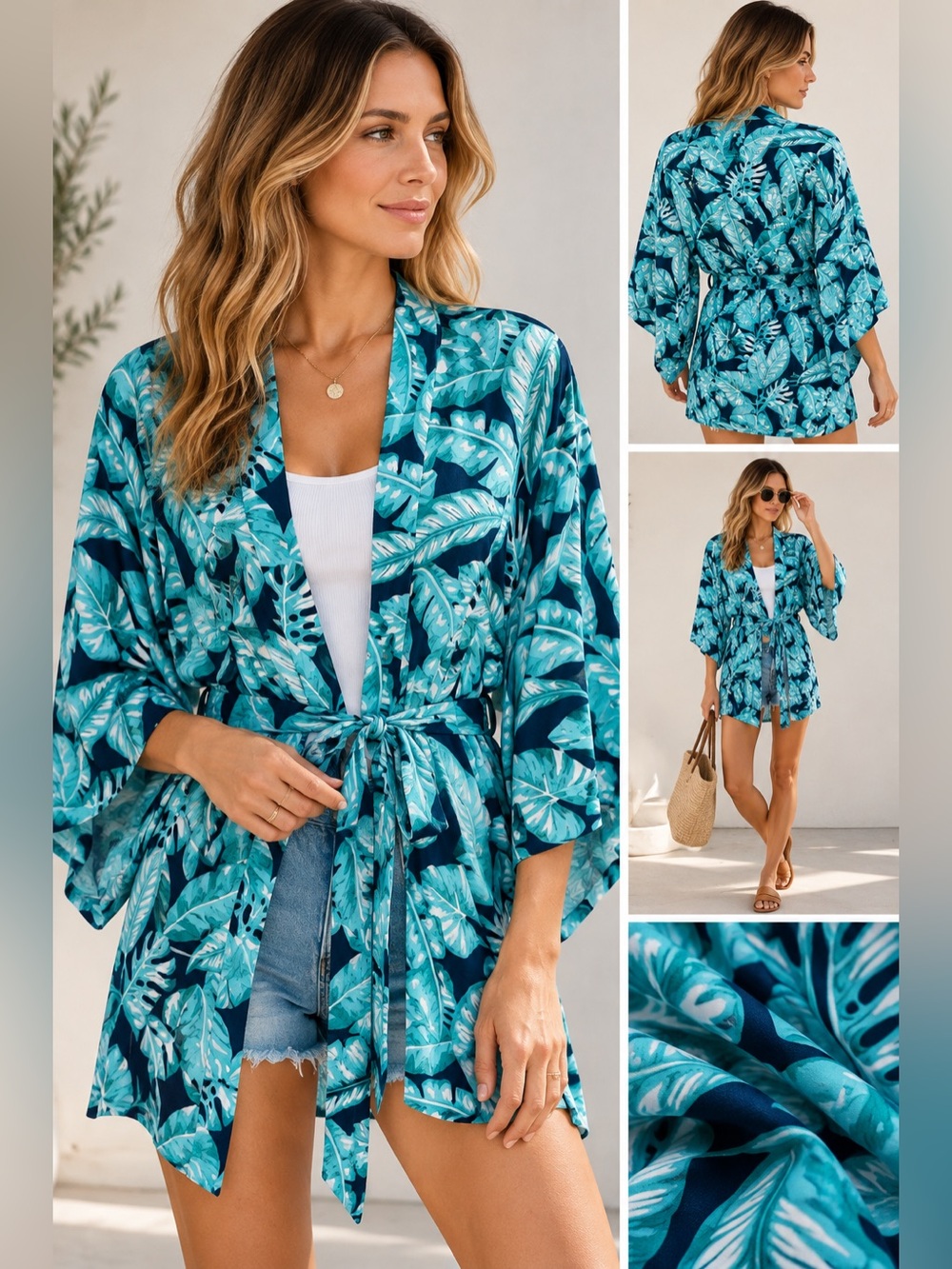 Kenny Flowers Teal and Navy Leaf-Print Swim Coverup